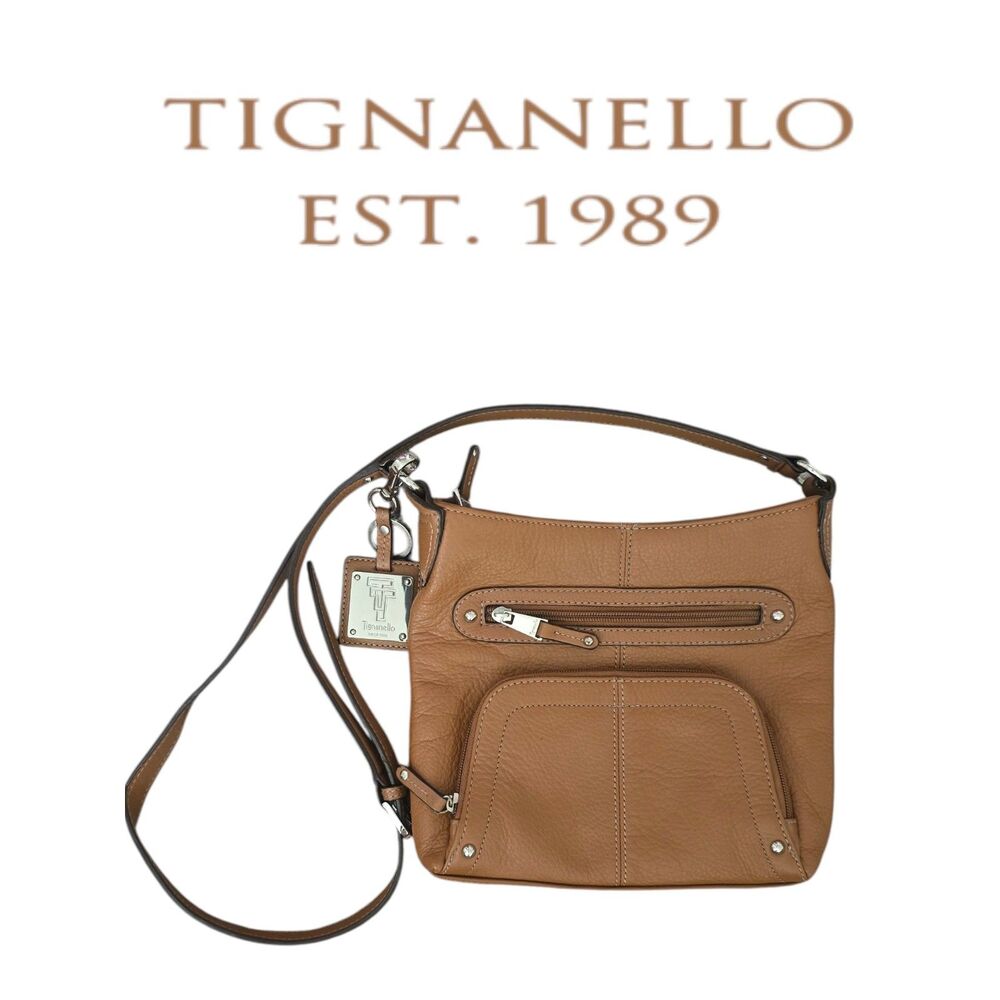 Tignanello Tan Brown Leather Crossbody Bag Multiple Zip Pockets Organizer